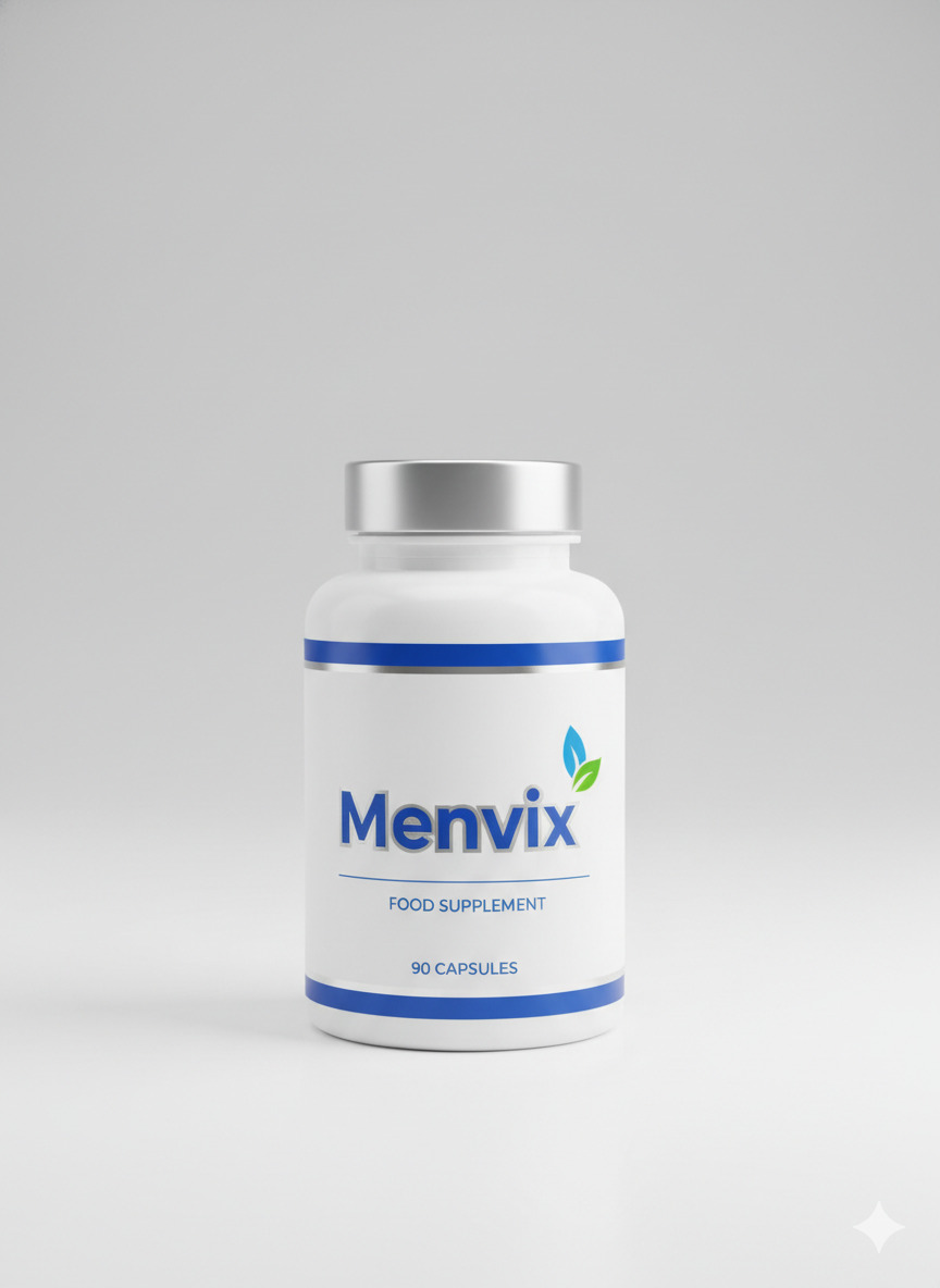 Menvix food supplement bottle on a neutral background